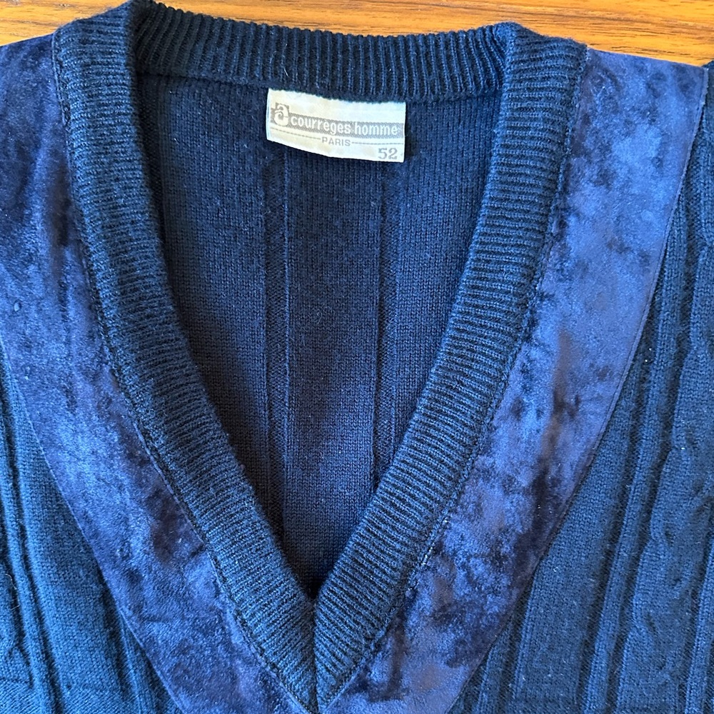 Courreges Homme Paris 52 Sweater | Velvet & Knit Navy Blue V-Neck Sweater